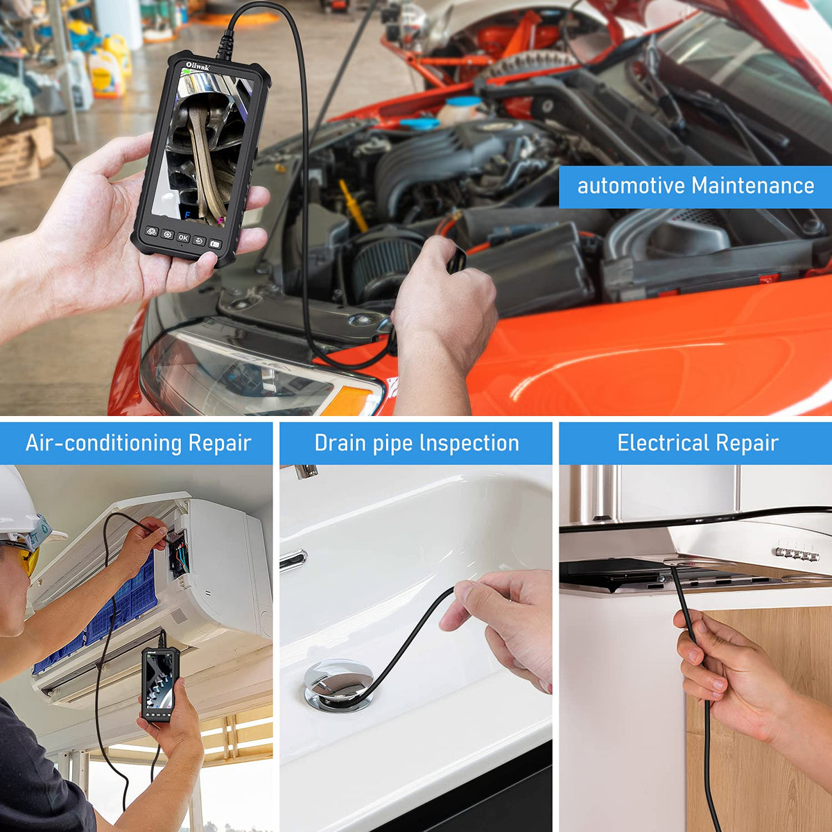 Dual Lens Endoscope Camera 1080P 5.18 IPS Screen 5mm IP67 Waterproof with 7 LED Lights 32GB Card 16.5FT Y136