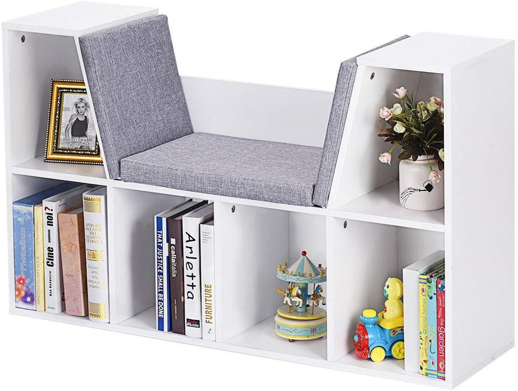 6-Cubby Kid Storage Bookcase Cushioned Reading Nook Bench I96147