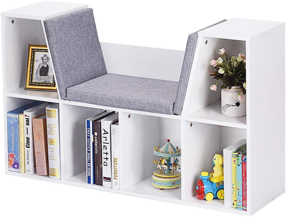 6-Cubby Kid Storage Bookcase Cushioned Reading Nook Bench I96147