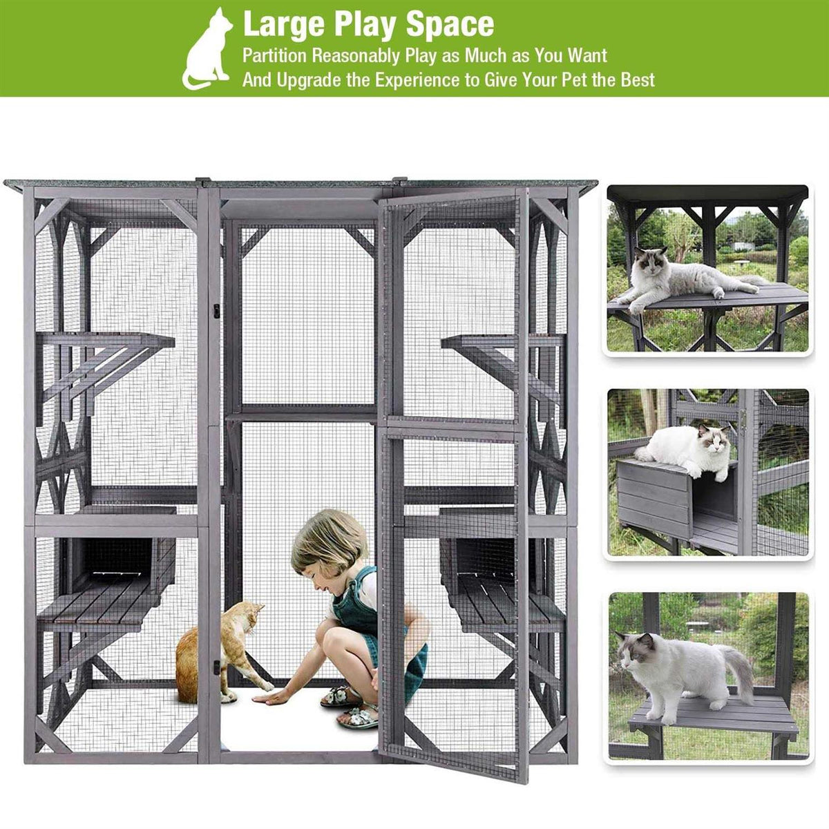 Large Cat House Outdoor Cat Enclosure Indoor Cage Kitty Condo Playpen with Door R907515