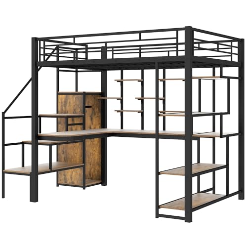 White Full Size Metal Loft Bed with Storage Staircase and Wardrobe K654
