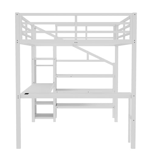 Queen Size Metal Loft Bed with LED Lights & USB Ports, White J9991