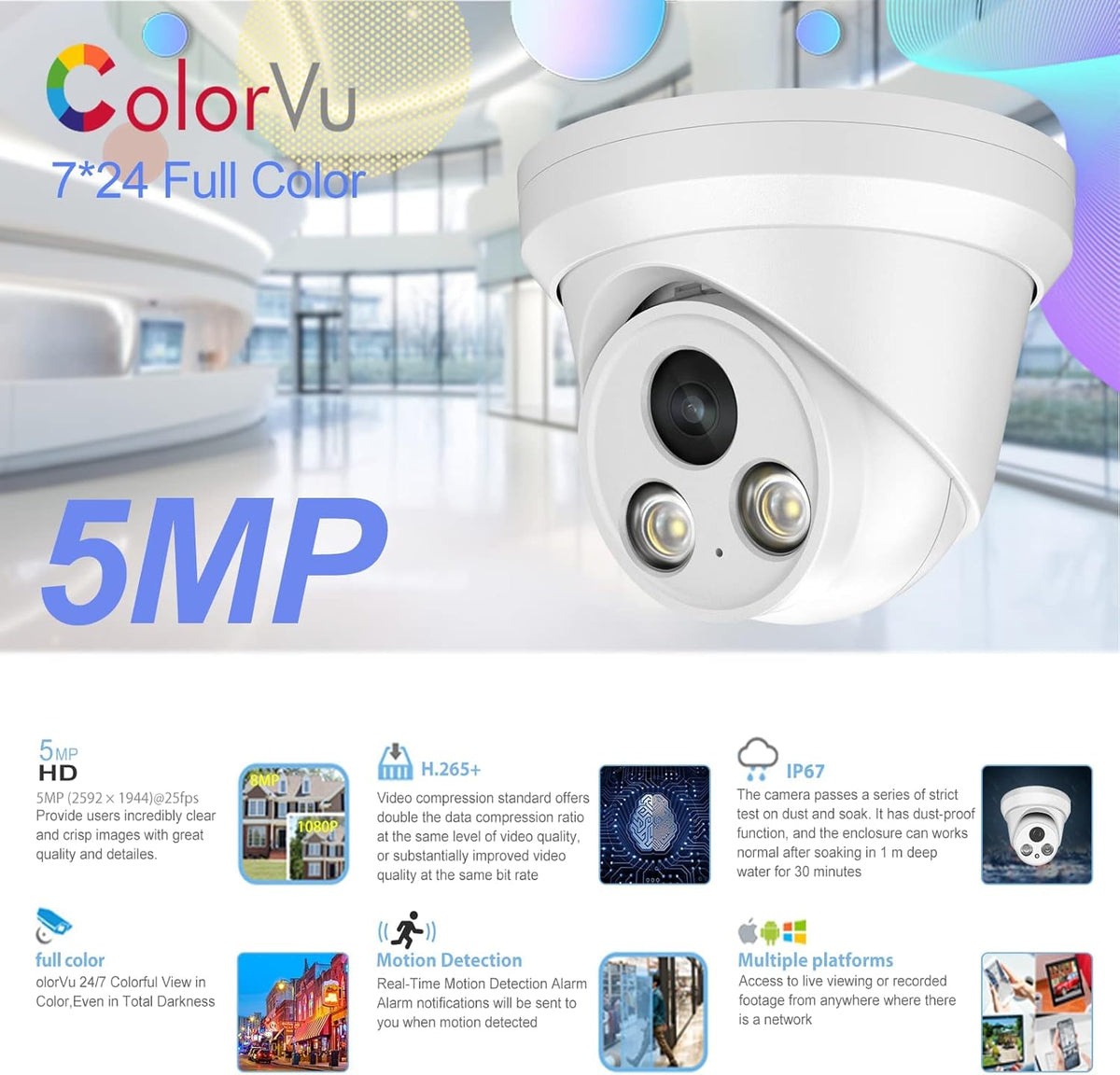 4K Full Color Night Vision 8MP POE Dome IP Camera H596708