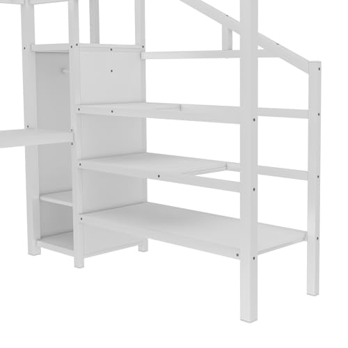 Queen Size Metal Loft Bed with LED Lights & USB Ports, White J9991