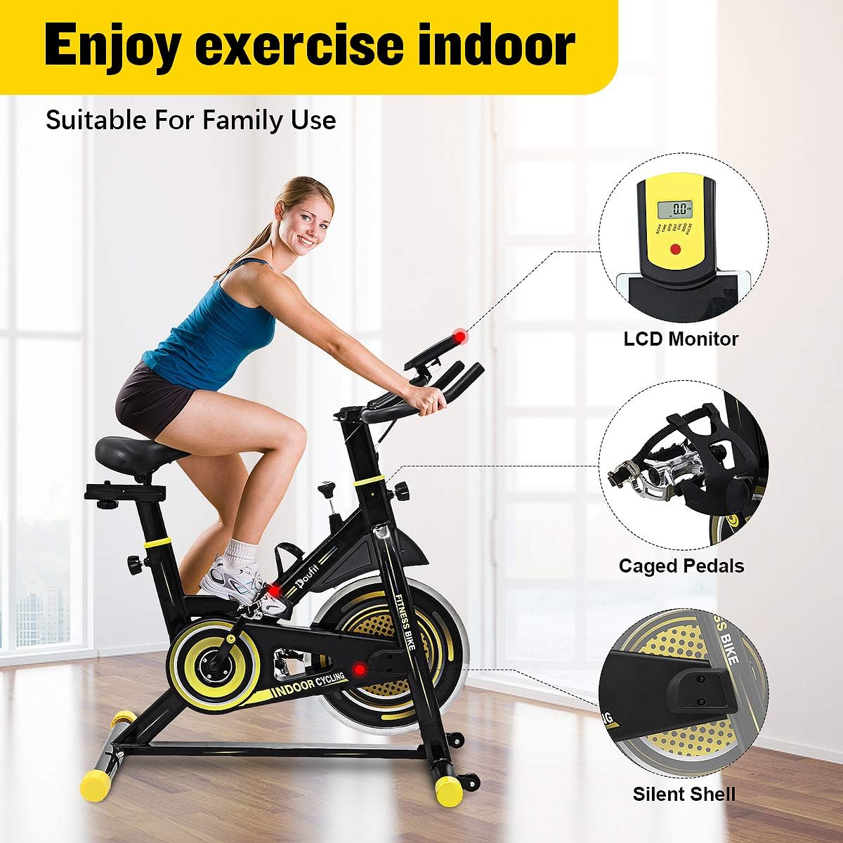Indoor Cycling Bike Stationary Exercise Bike with LCD Monitor and Clip in Pedals P792990