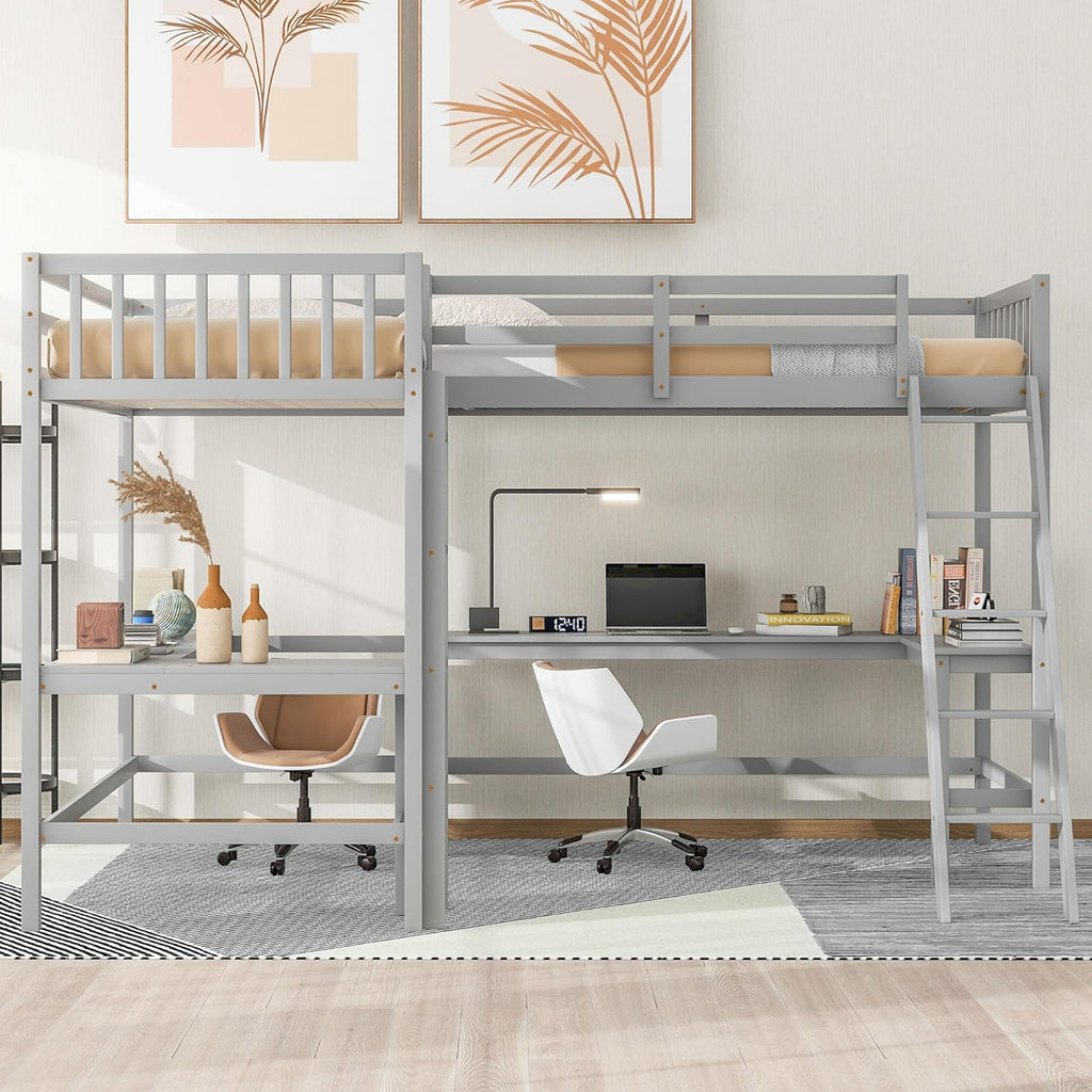 Gray Twin Size L-Shaped Loft Bed with Ladder and 2 Built-in Desks G1602