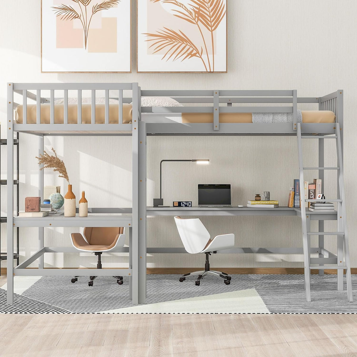 Gray Twin Size L-Shaped Loft Bed with Ladder and 2 Built-in Desks G1602