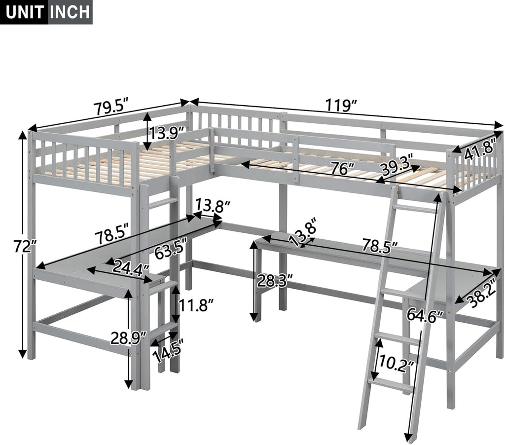 Gray Twin Size L-Shaped Loft Bed with Ladder and 2 Built-in Desks G1602