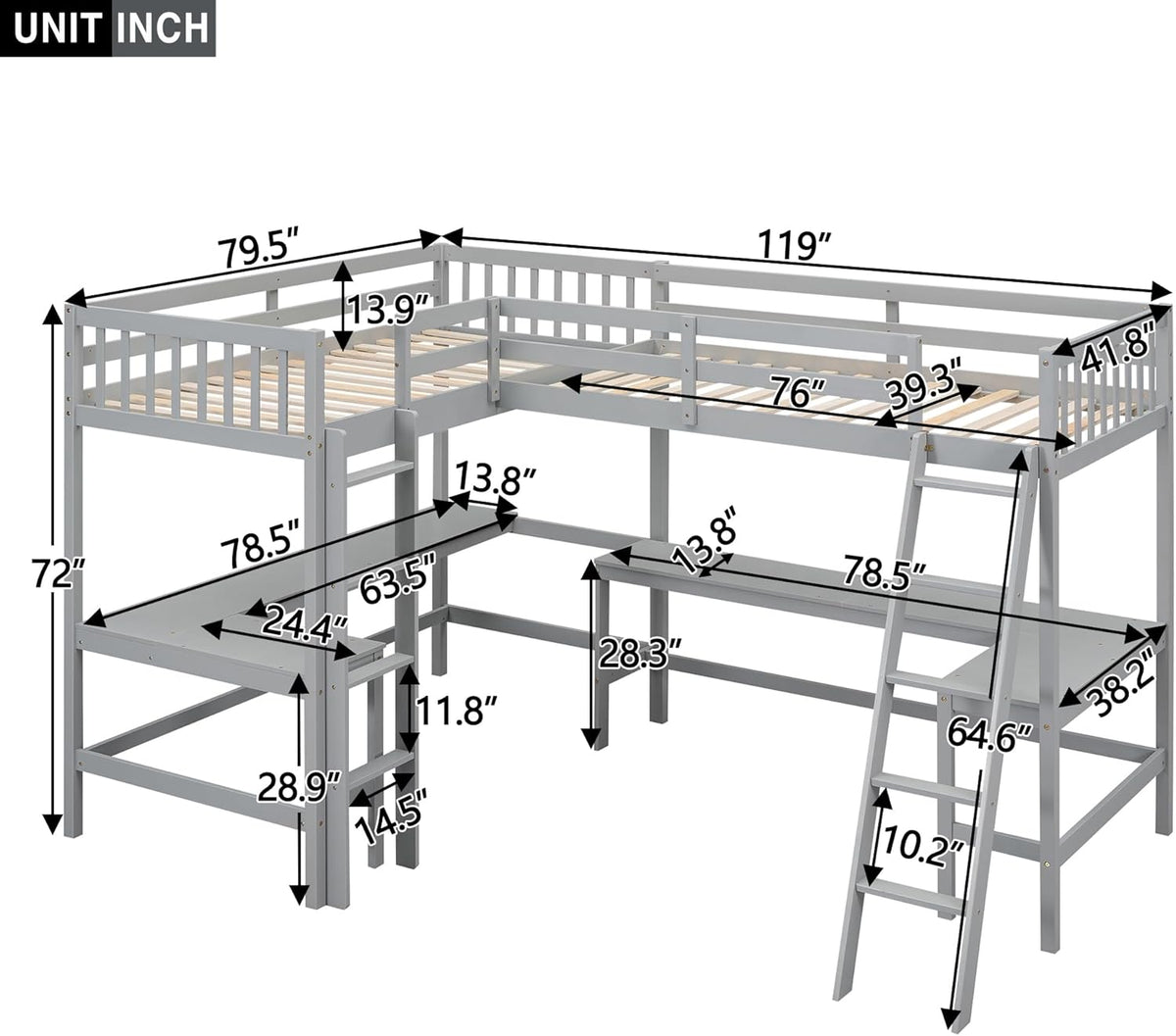 Gray Twin Size L-Shaped Loft Bed with Ladder and 2 Built-in Desks G1602