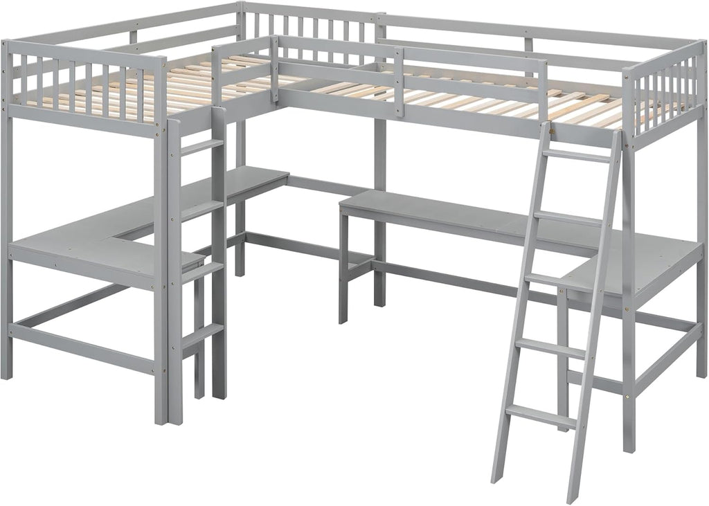 Gray Twin Size L-Shaped Loft Bed with Ladder and 2 Built-in Desks G1602