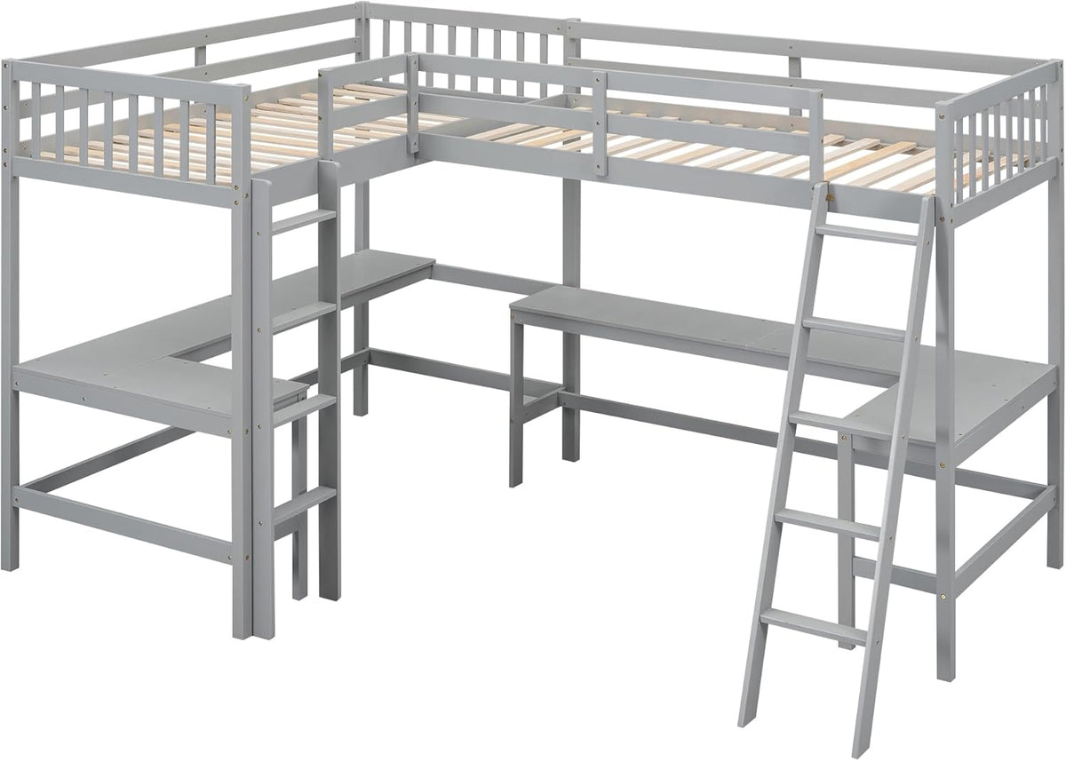 Gray Twin Size L-Shaped Loft Bed with Ladder and 2 Built-in Desks G1602