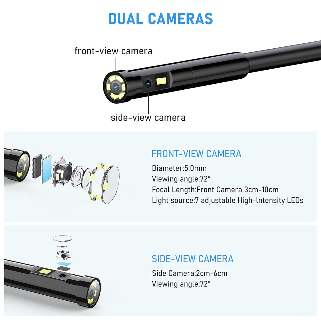 Dual Lens Endoscope Camera 1080P 5.18 IPS Screen 5mm IP67 Waterproof with 7 LED Lights 32GB Card 16.5FT Y136