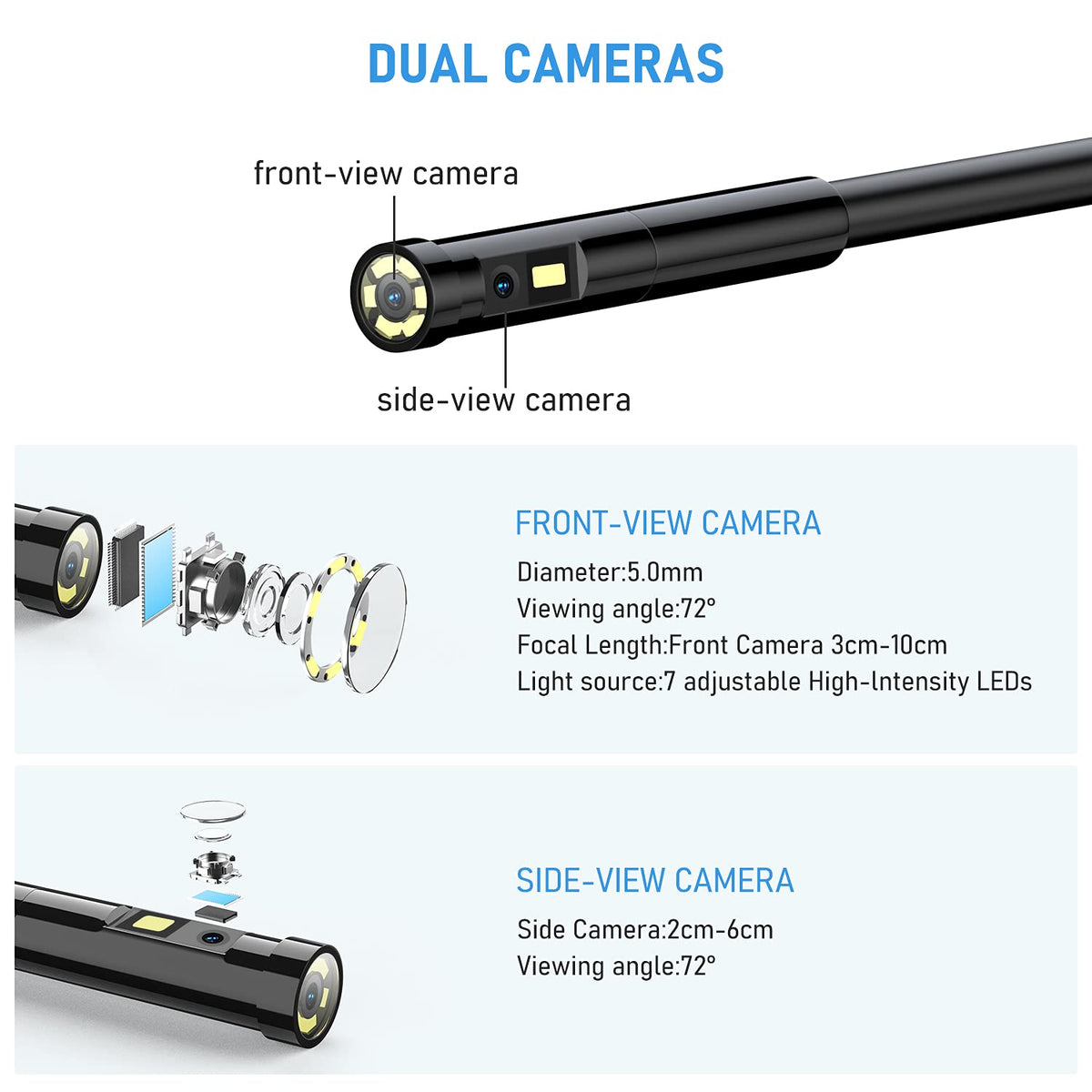 Dual Lens Endoscope Camera 1080P 5.18 IPS Screen 5mm IP67 Waterproof with 7 LED Lights 32GB Card 16.5FT Y136