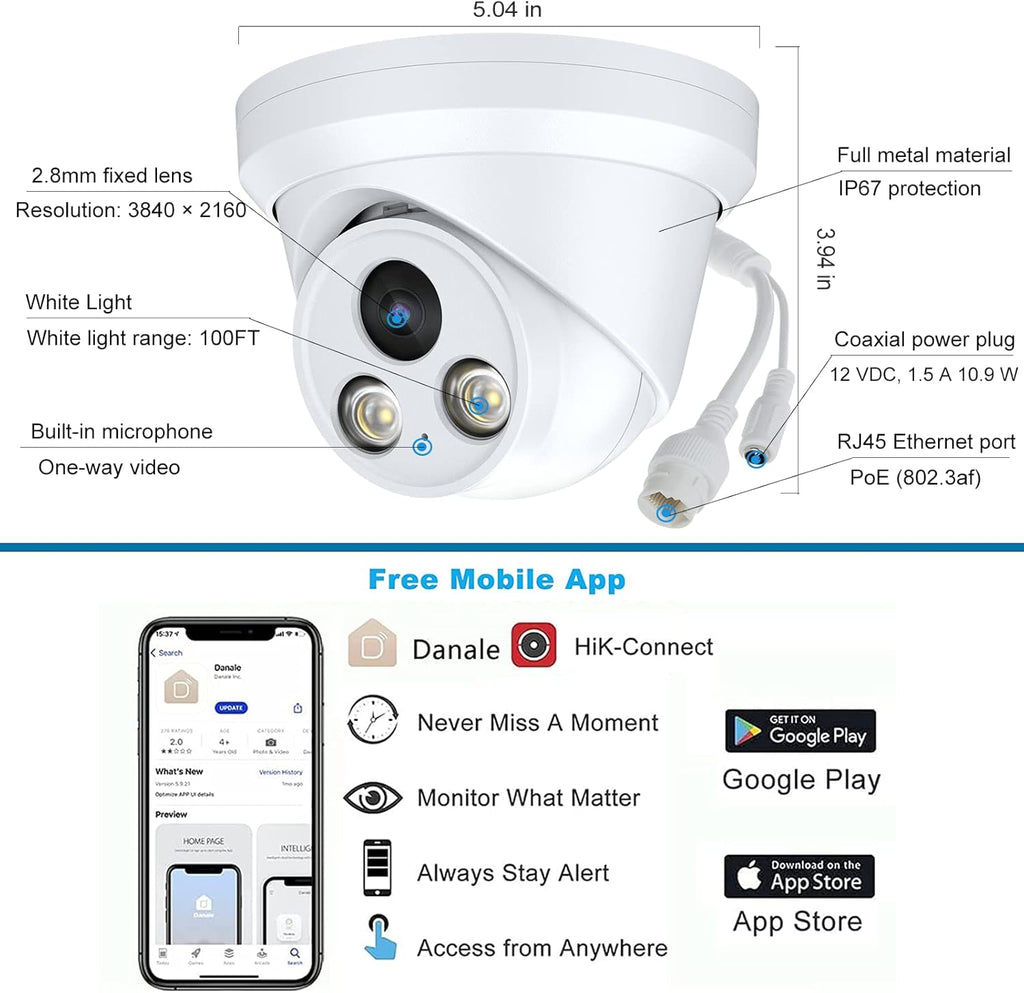 4K Full Color Night Vision 8MP POE Dome IP Camera H596708