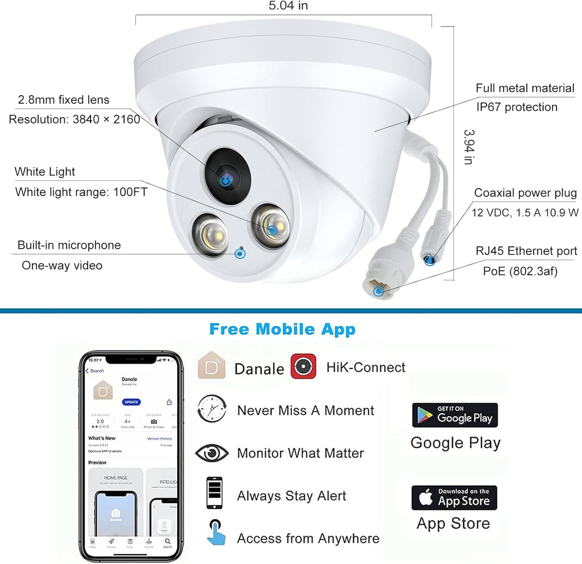 4K Full Color Night Vision 8MP POE Dome IP Camera H596708