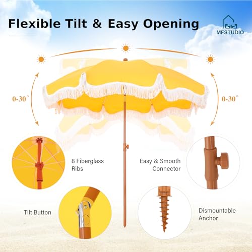 7ft Beach Umbrella with Fringe, UPF50+, Carry Bag L898