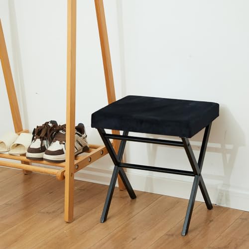 Black Square Thickened Cushion Vanity Stool with Metal X Legs E7809
