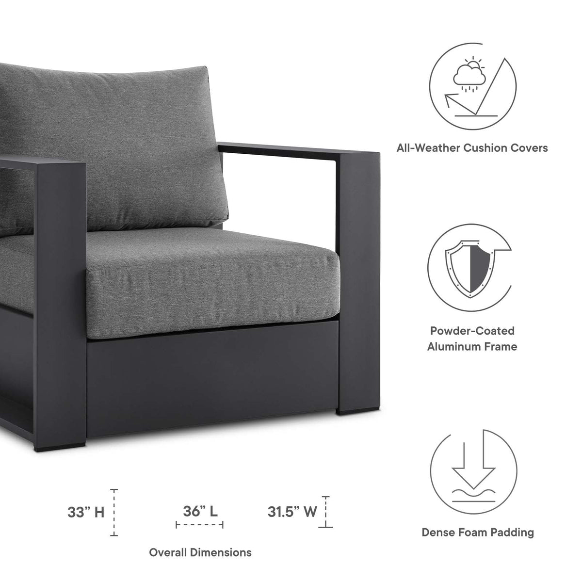 Powder-Coated Aluminum Armchair in Gray Charcoal U562