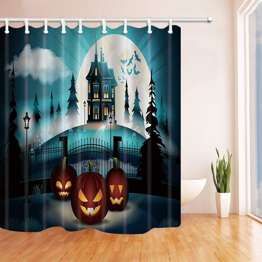 Halloween Pumpkin Pine Forest Polyester Fabric Bath Curtain 66x72 inches I297