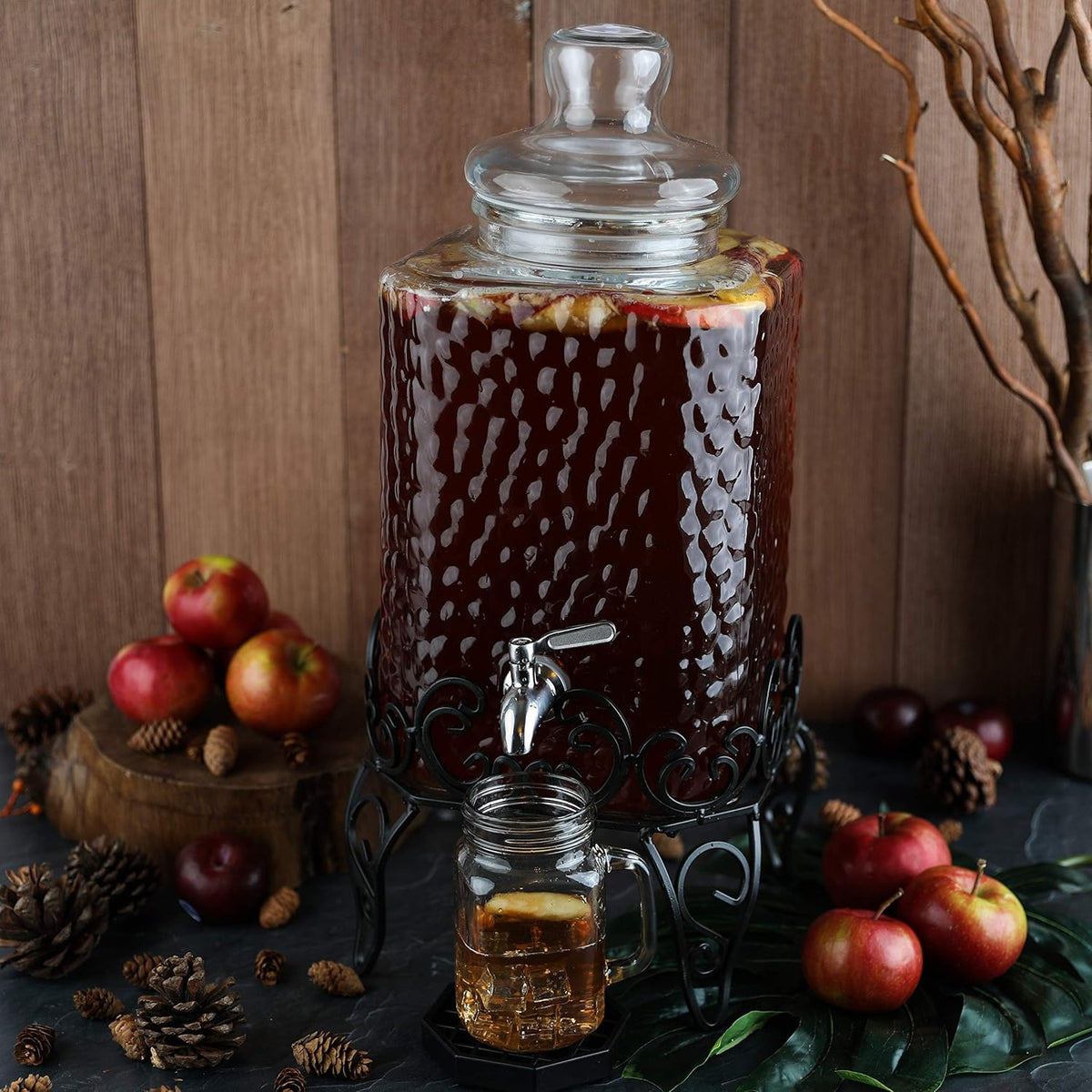 2.5 Gallon Glass Beverage Dispenser with Stainless Steel Spigot on Metal Stand and Drip Tray, Pack of 2 R58931