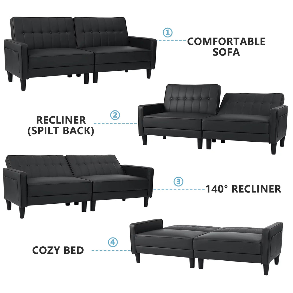 Black Faux Leather Convertible Futon Sofa Bed H5324