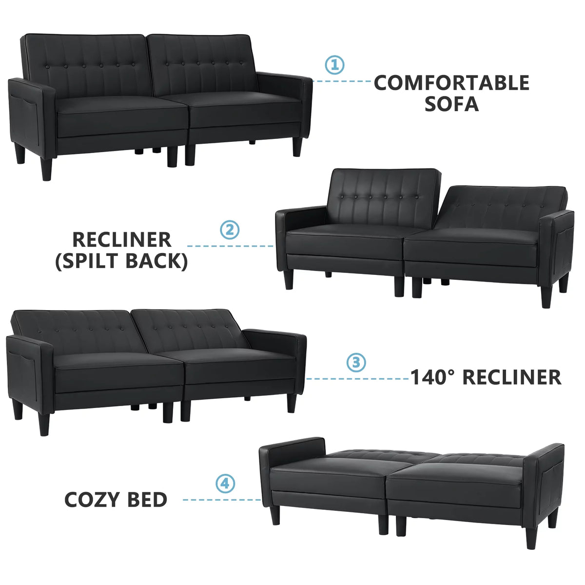 Black Faux Leather Convertible Futon Sofa Bed H5324