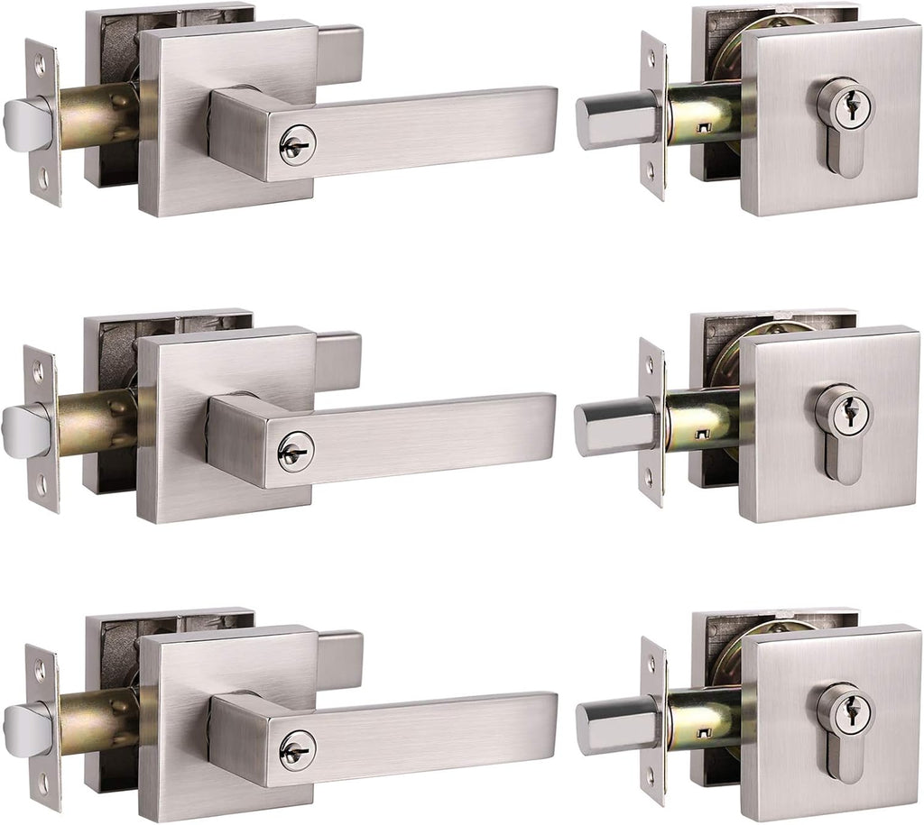 3 Pack Brushed Nickel Entrance Lever Door Handle with Double Cylinder Deadbolt Locksets Keyed Alike O835278