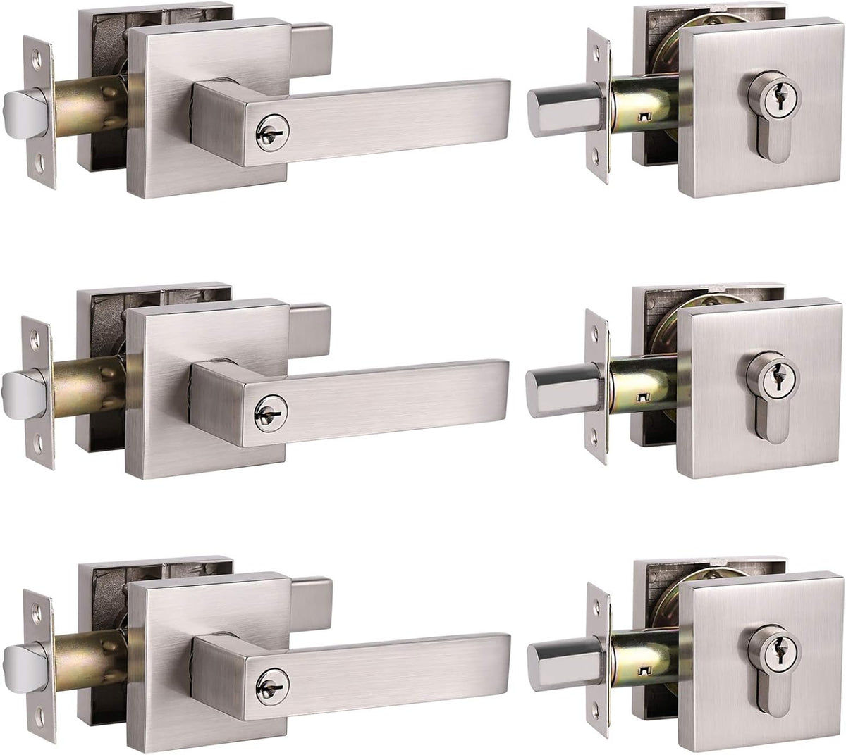 3 Pack Brushed Nickel Entrance Lever Door Handle with Double Cylinder Deadbolt Locksets Keyed Alike O835278