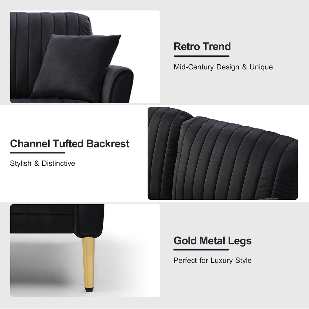 Black Velvet 3-Seater Sofa with Metal Legs and 3 Pillows K830401