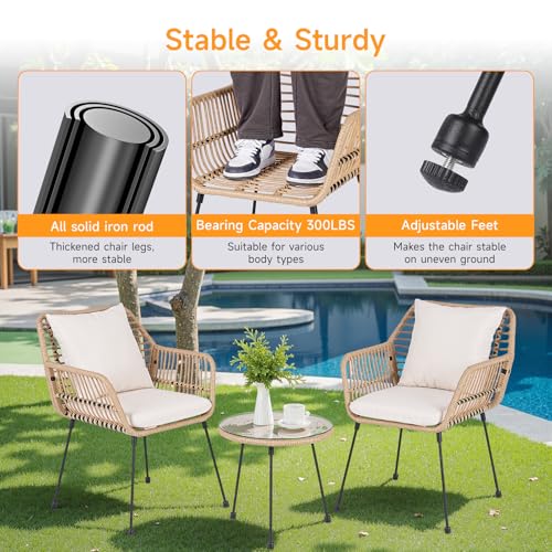 3 Piece Beige Wicker Patio Bistro Set with Cushions G798998
