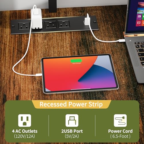 L Shaped Gaming Desk with LED Lights & Power Outlets T2623
