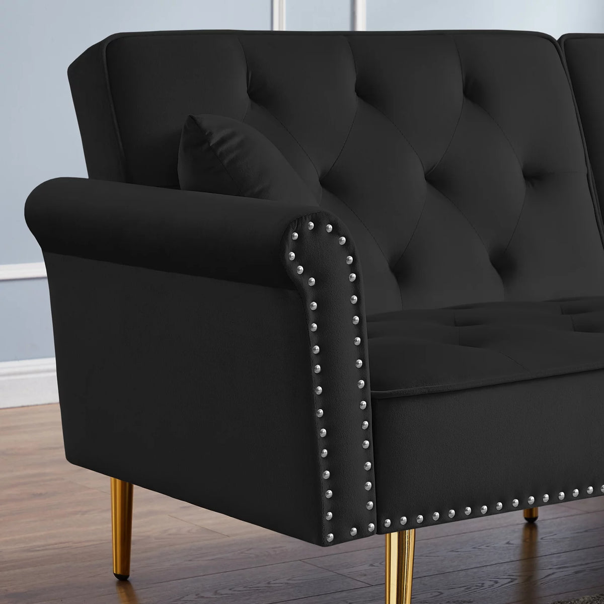 Black Velvet Tufted Futon Sofa Bed U663464