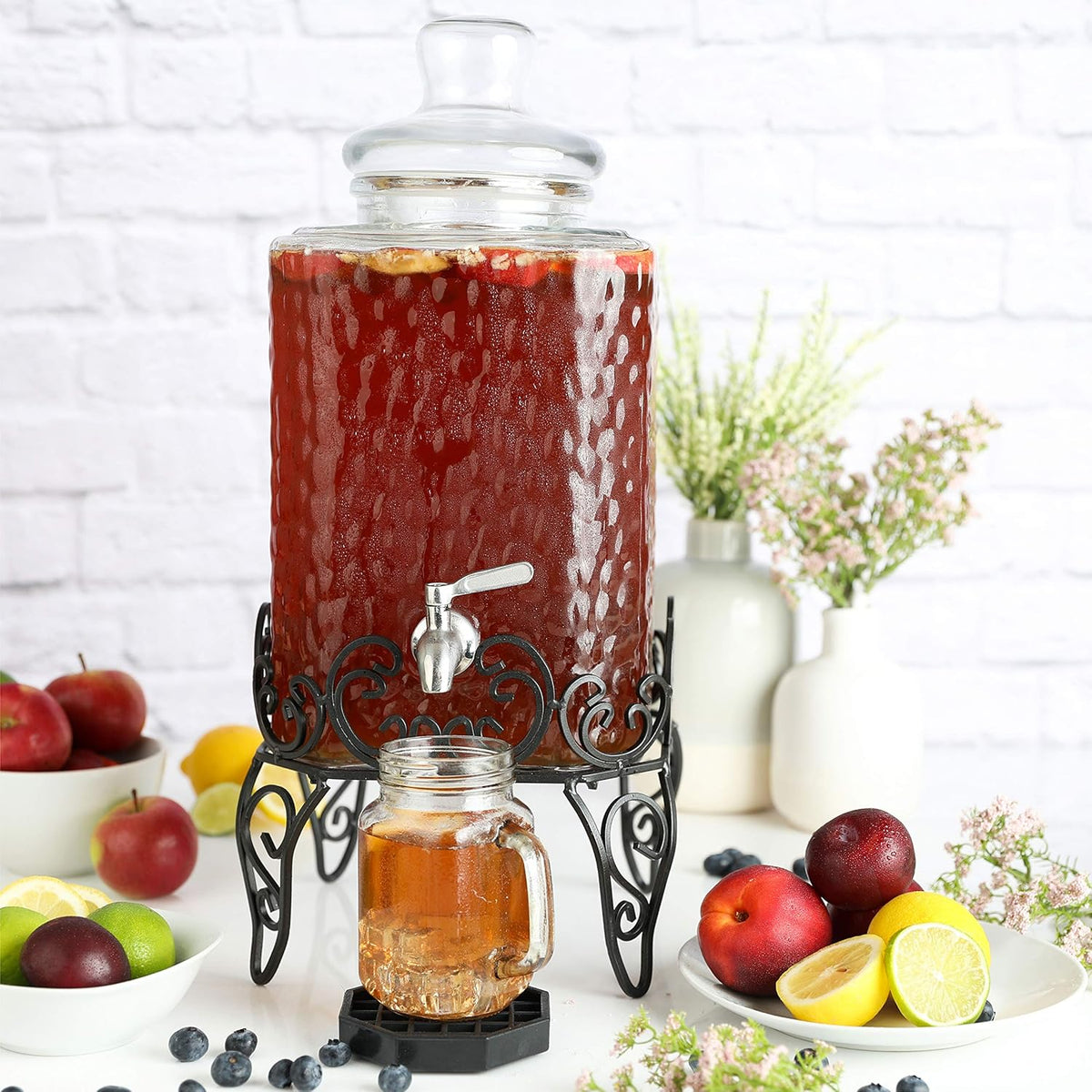 2.5 Gallon Glass Beverage Dispenser with Stainless Steel Spigot on Metal Stand and Drip Tray, Pack of 2 R58931