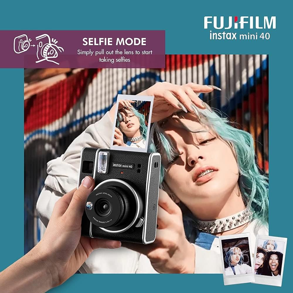 Instax Mini 40 Instant Film Camera (Black) Bundle with 20 Instax Mini Instant Film Shots + Padded Carrying Bag + 4 Rechargeable Batteries + Deluxe Cleaning Kit O51127