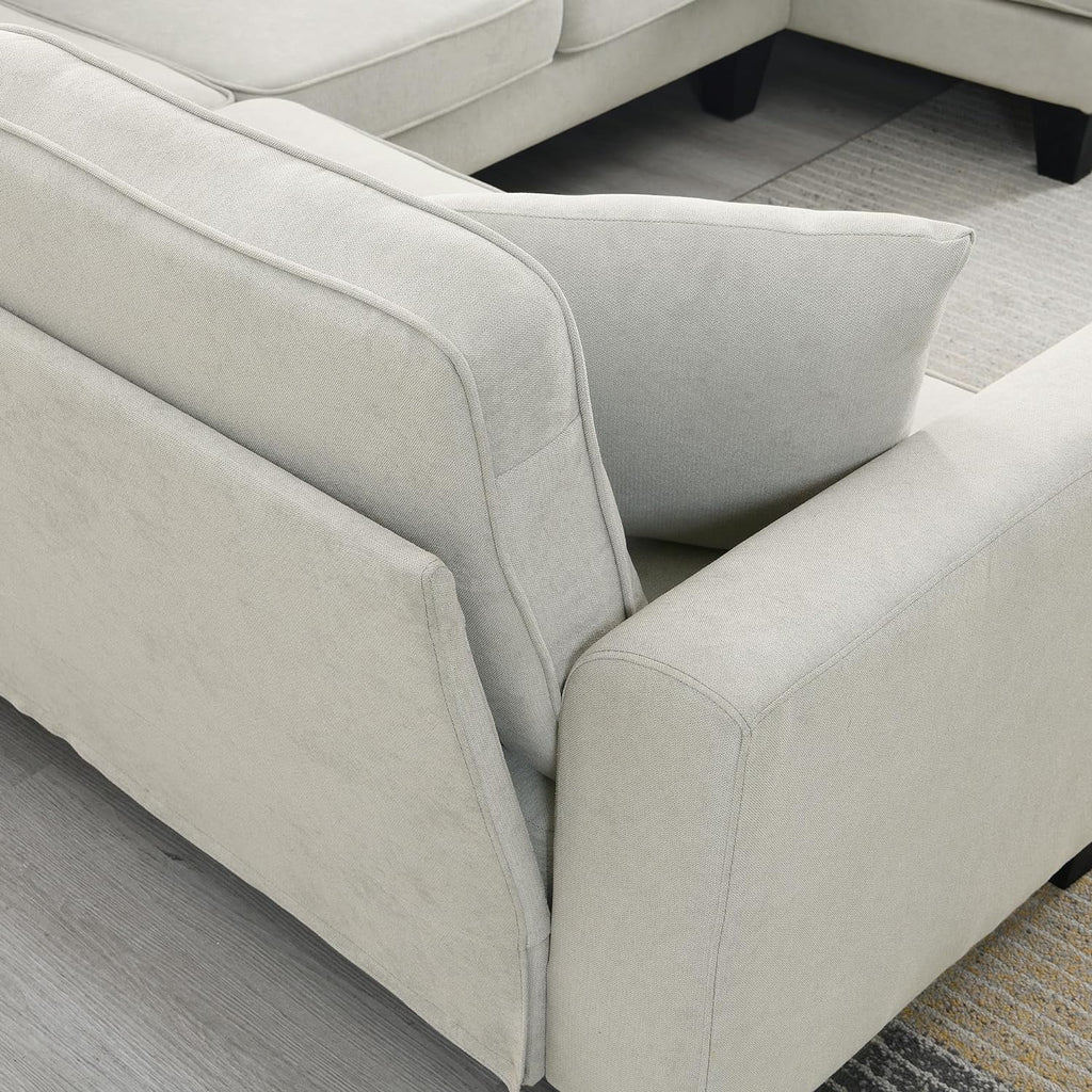 Beige 7-Seat U Shape Fabric Sectional Sofa with 3 Pillows D4027