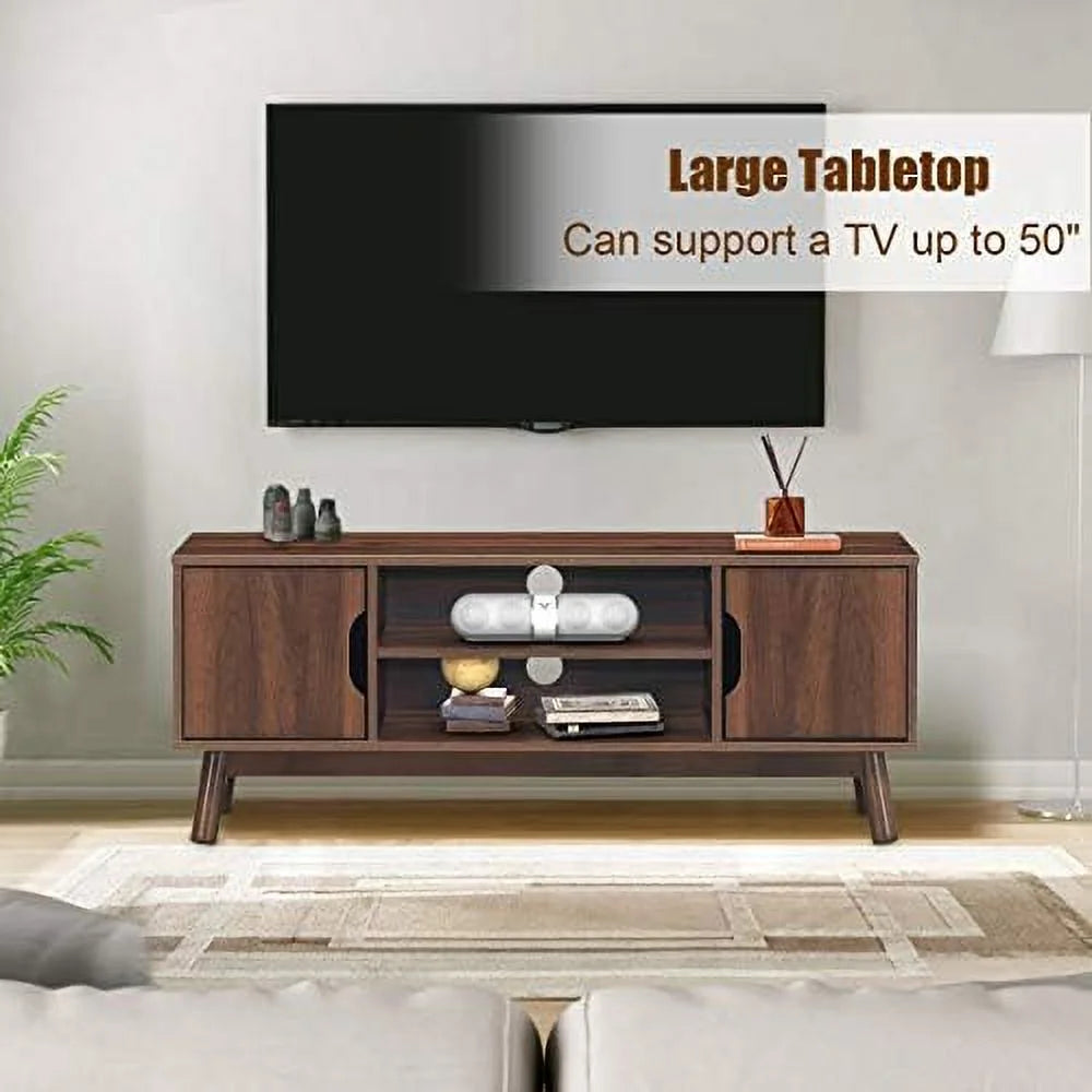 Mid-Century Wooden TV Stand with 2 Cabinet Doors and 2 Open Shelves C229482