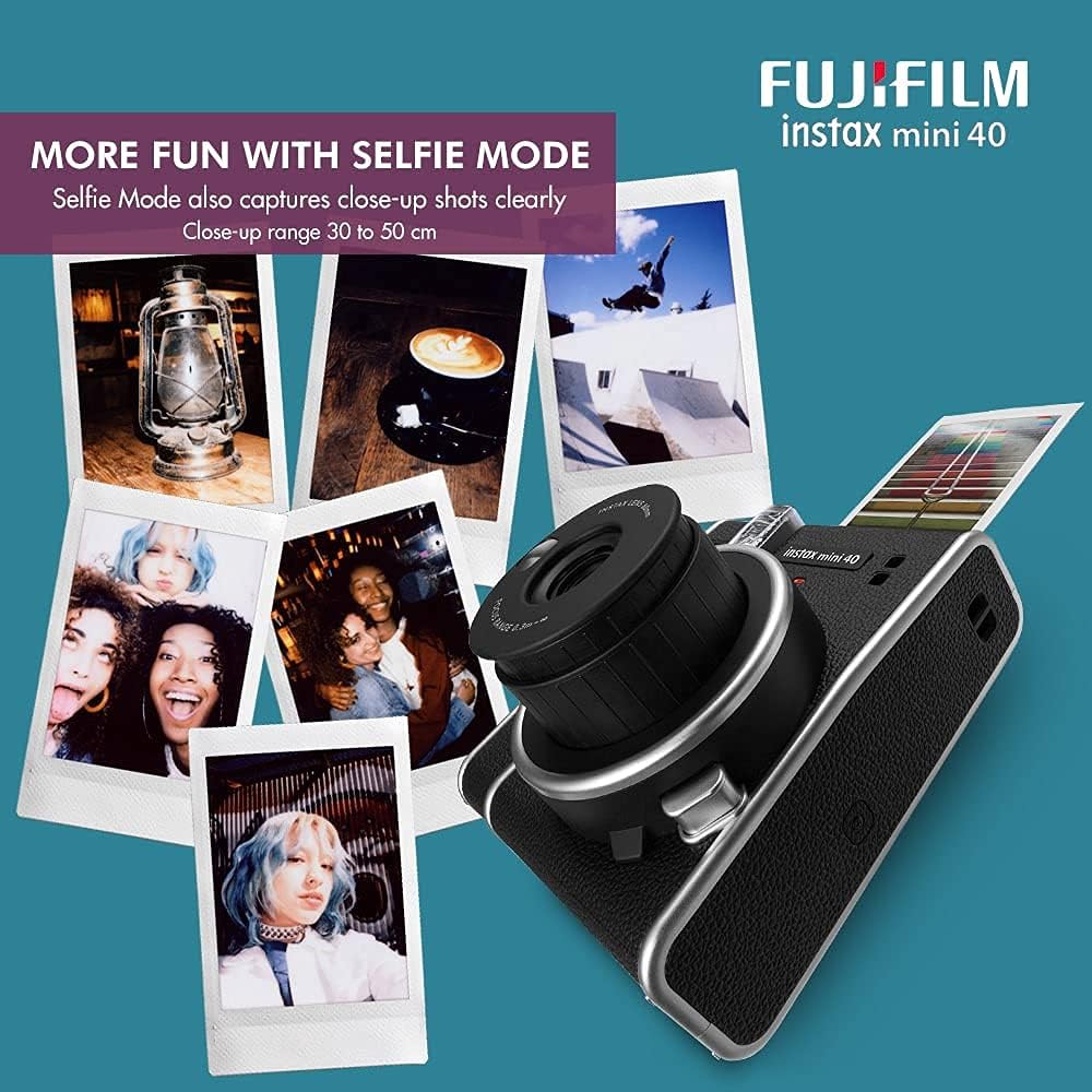 Instax Mini 40 Instant Film Camera (Black) Bundle with 20 Instax Mini Instant Film Shots + Padded Carrying Bag + 4 Rechargeable Batteries + Deluxe Cleaning Kit O51127