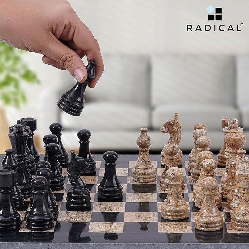 Marble Chess Set 12 Inches Black and Coral Handmade 1 Chess Board & 32 Chess Pieces Y8261