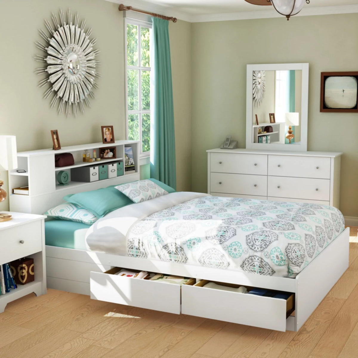 Queen Bed with Drawers and Bookcase Headboard Set S618078