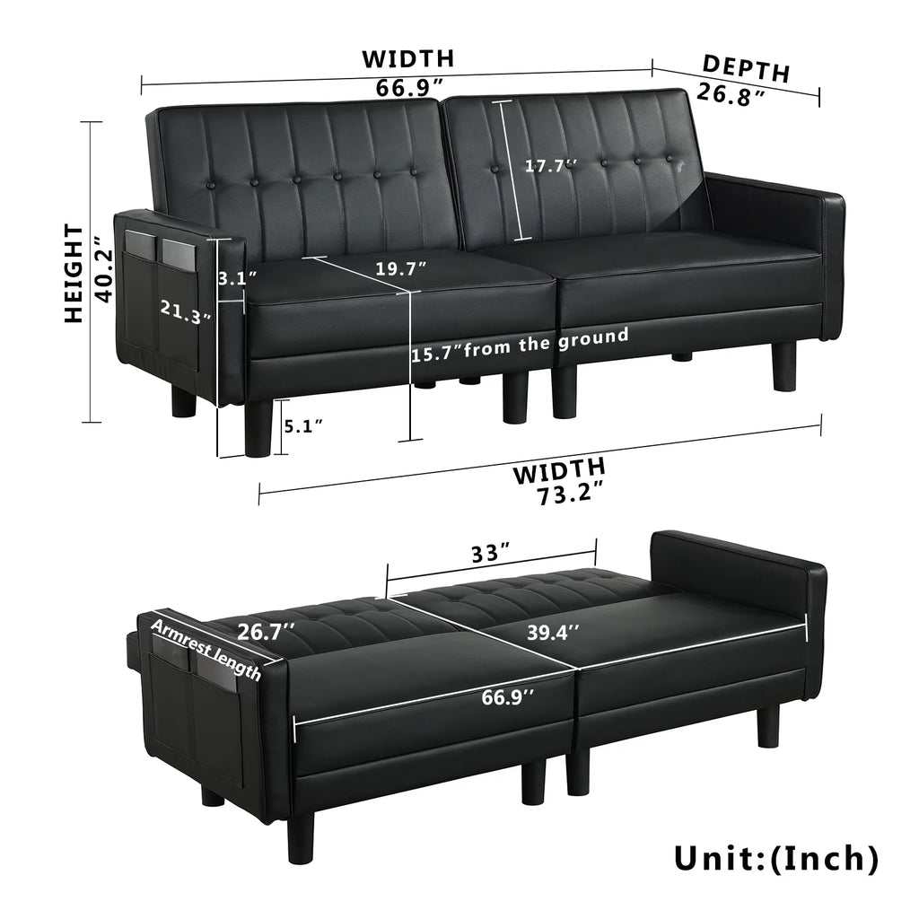 Black Faux Leather Convertible Futon Sofa Bed H5324
