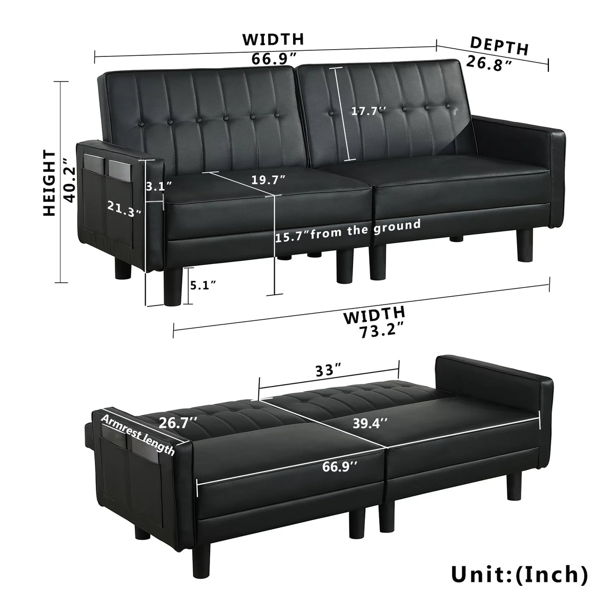 Black Faux Leather Convertible Futon Sofa Bed H5324