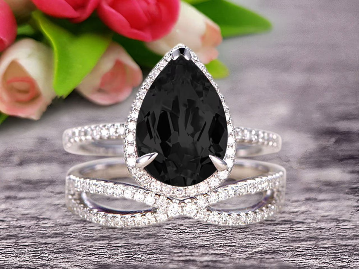 Black Diamond Moissanite Engagement Ring 2.50 Carat Pear Shape 10k White Gold With Matching Band N855
