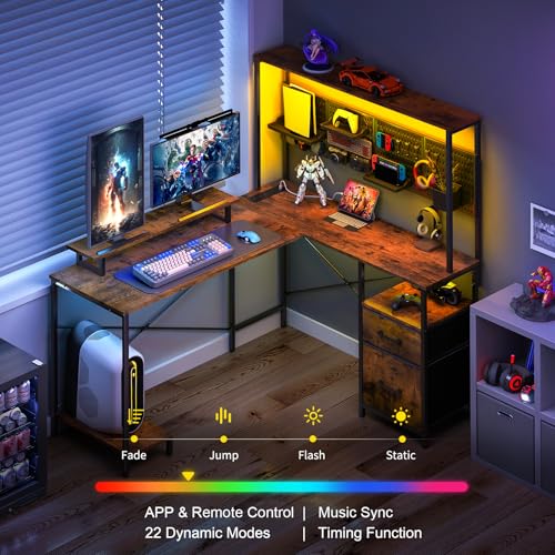 L Shaped Gaming Desk with LED Lights & Power Outlets T2623