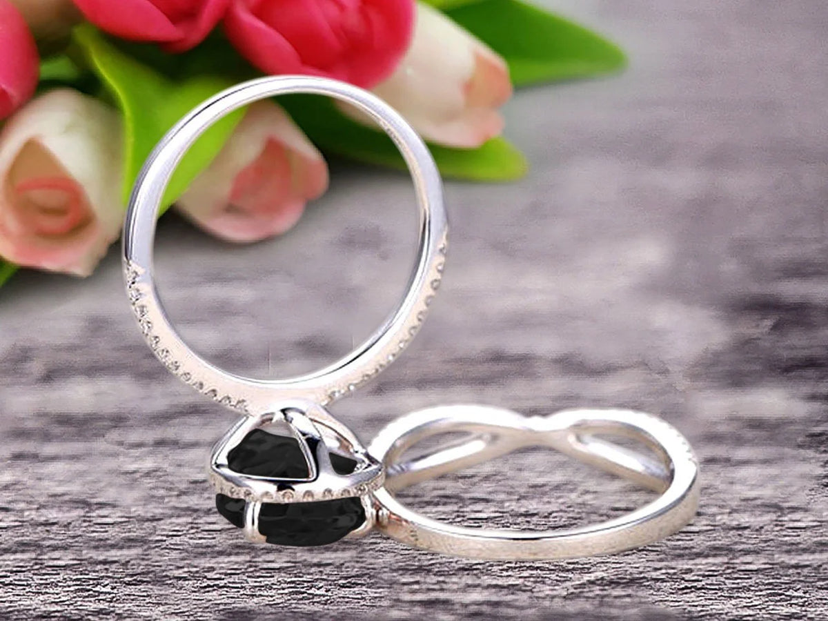 Black Diamond Moissanite Engagement Ring 2.50 Carat Pear Shape 10k White Gold With Matching Band N855