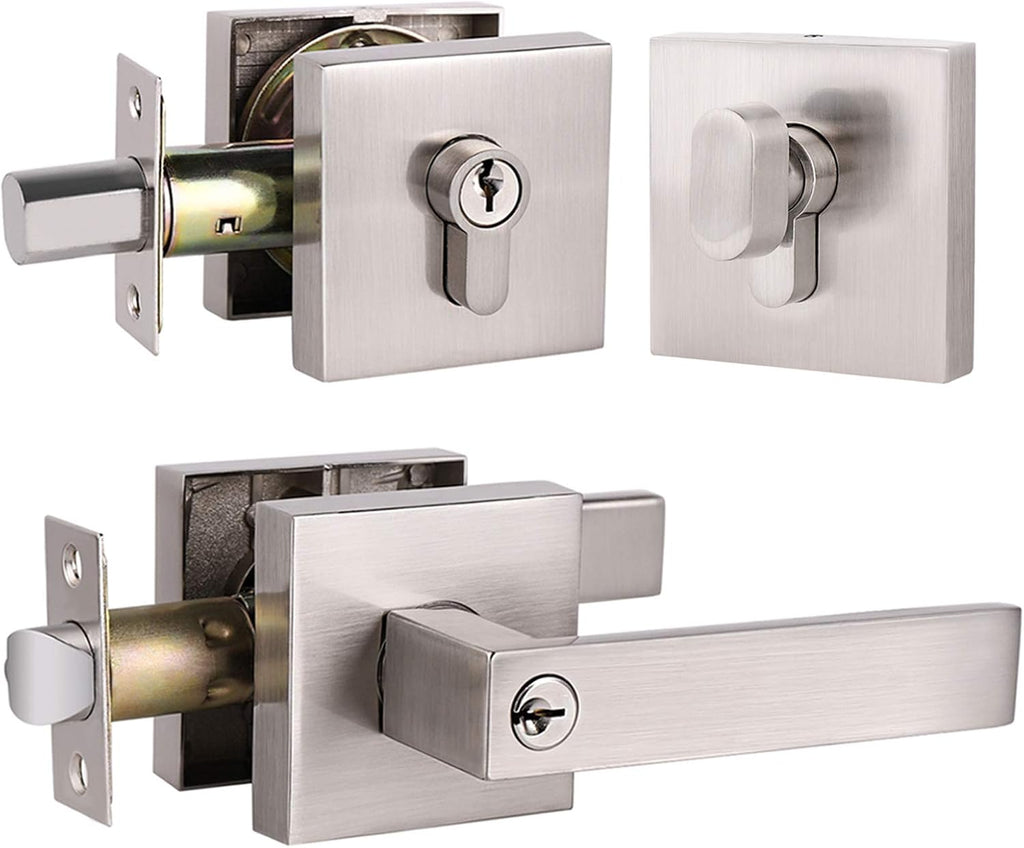 3 Pack Brushed Nickel Entrance Lever Door Handle with Double Cylinder Deadbolt Locksets Keyed Alike O835278