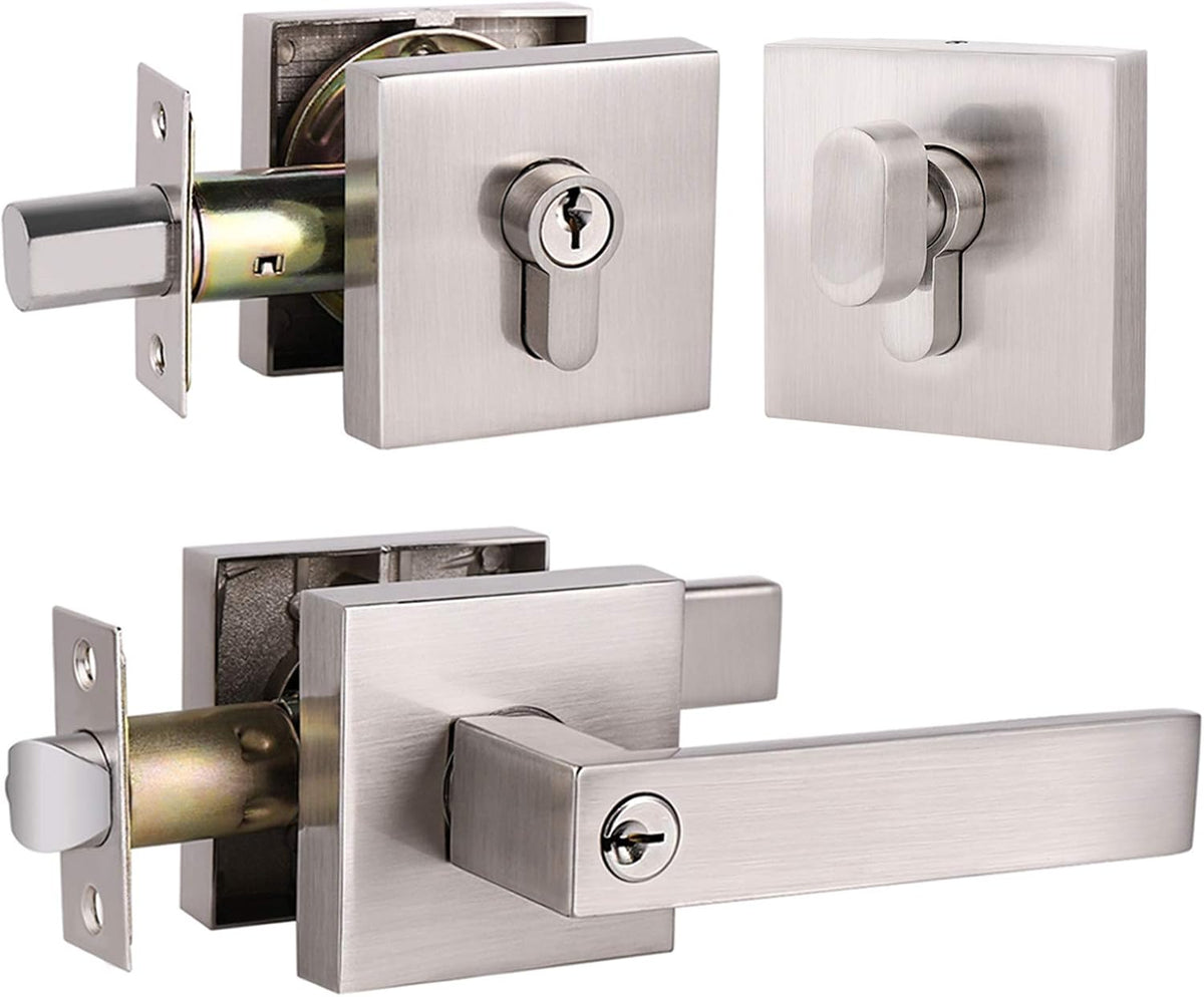 3 Pack Brushed Nickel Entrance Lever Door Handle with Double Cylinder Deadbolt Locksets Keyed Alike O835278