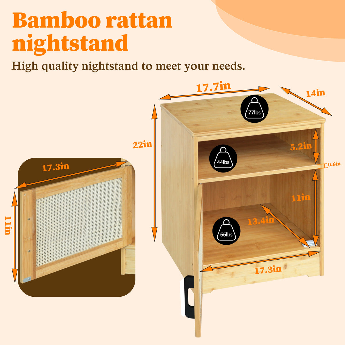 Bamboo Nightstand Set of 2 with Rattan Door N820844