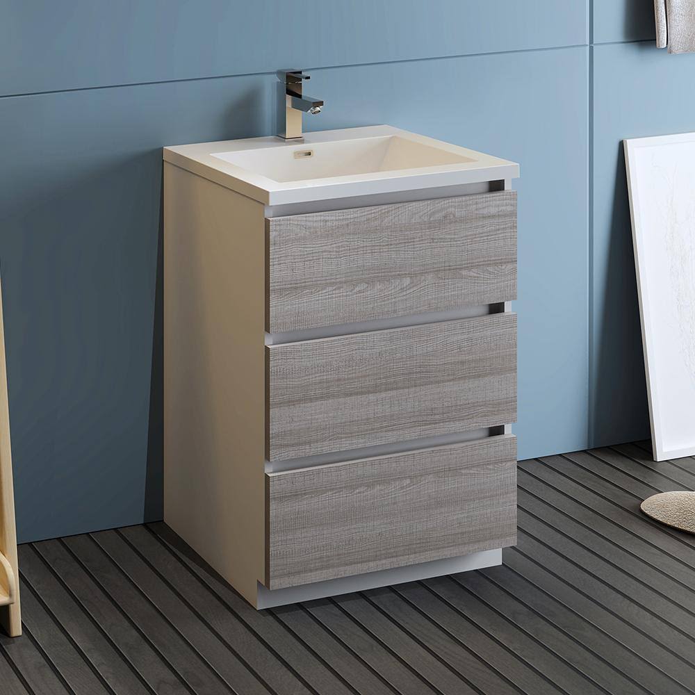 Glossy Ash Gray Free Standing Bathroom Cabinet with Integrated Sink C740320