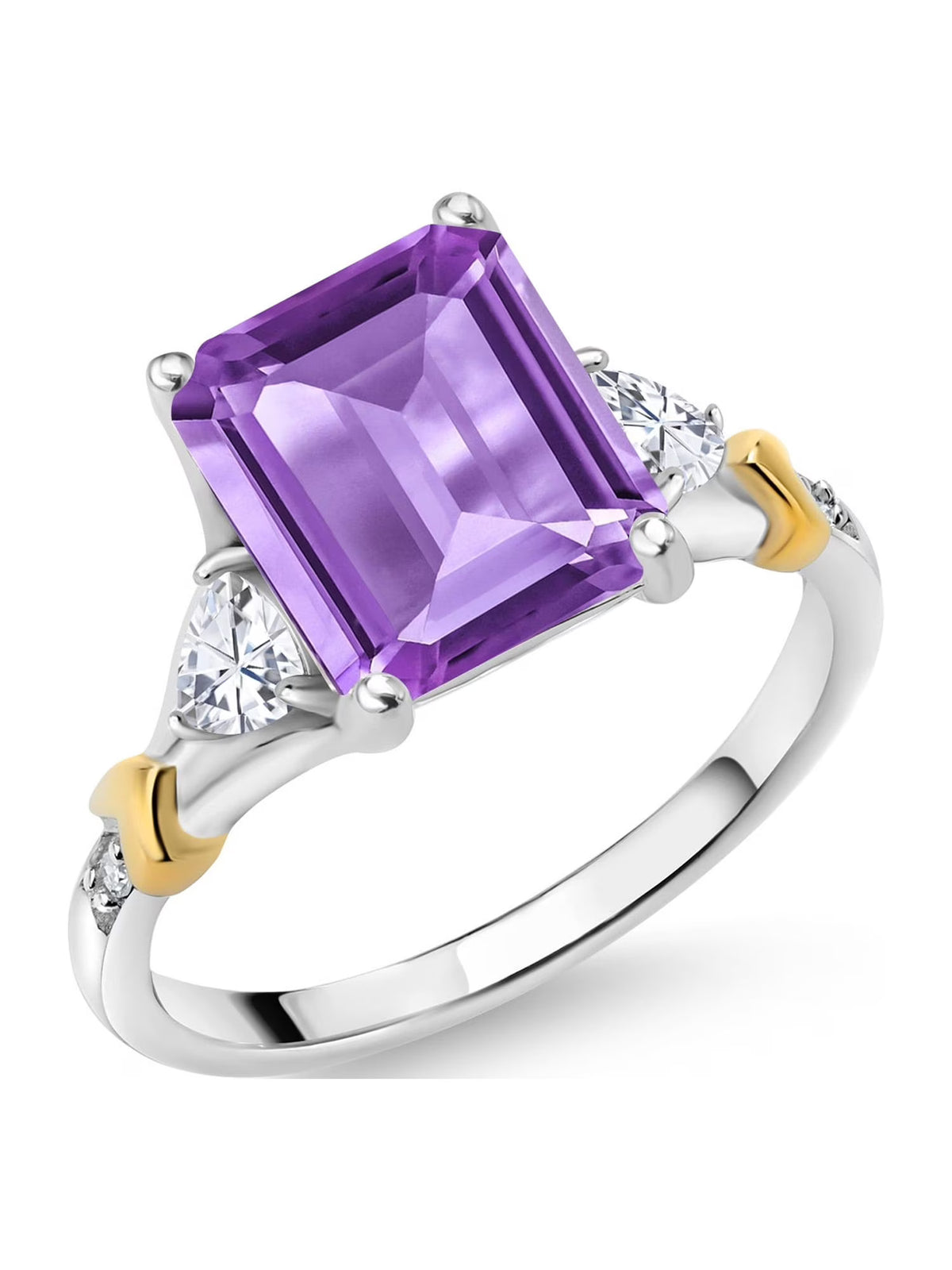 Emerald Cut 925 Silver and 10K Yellow Gold Amethyst and Moissanite and Diamond Engagement Ring T744715