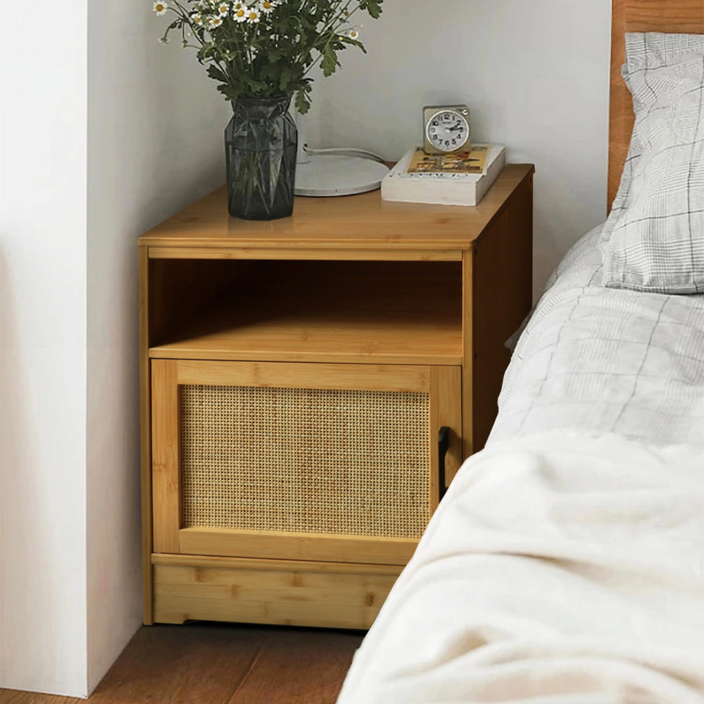Bamboo Nightstand Set of 2 with Rattan Door N820844